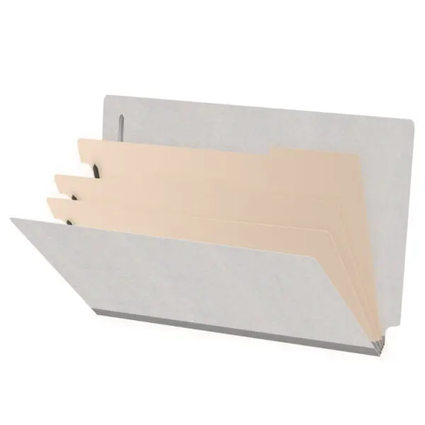 Grey legal size end tab classification folder with 3" gray tyvek expansion, with 2" bonded fasteners on inside front and inside back and 1" duo fastener on dividers, 18 pt paper stock and 18 pt manila dividers, Packaged 10/50