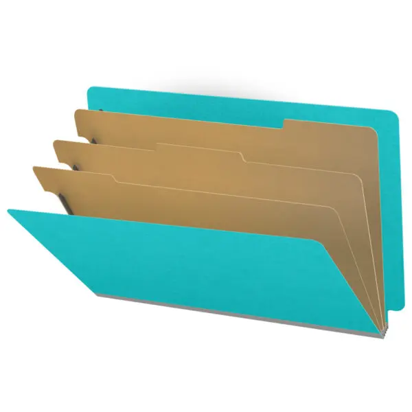 Light blue legal size end tab classification folder with 3" gray tyvek expansion, with 2" bonded fasteners on inside front and inside back and 1" duo fastener on dividers, 18 pt paper stock and 18 pt manila dividers, Packaged 10/50