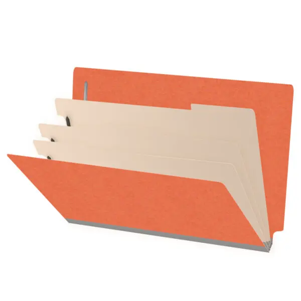 Orange legal size end tab classification folder with 3" gray tyvek expansion, with 2" bonded fasteners on inside front and inside back and 1" duo fastener on dividers, 18 pt paper stock and 18 pt manila dividers, Packaged 10/50