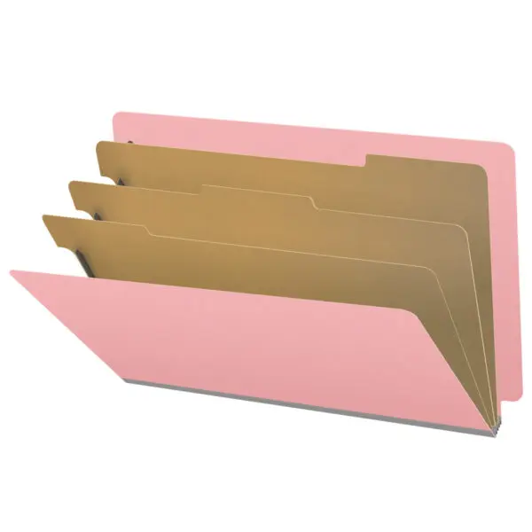 Pink legal size end tab classification folder with 3" gray tyvek expansion, with 2" bonded fasteners on inside front and inside back and 1" duo fastener on dividers, 18 pt paper stock and 18 pt manila dividers, Packaged 10/50