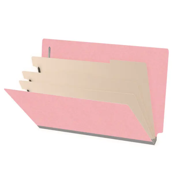 Pink legal size end tab classification folder with 3" gray tyvek expansion, with 2" bonded fasteners on inside front and inside back and 1" duo fastener on dividers, 18 pt paper stock and 18 pt manila dividers, Packaged 10/50