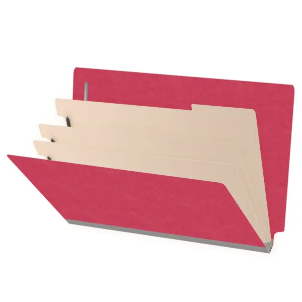 Red legal size end tab classification folder with 3" gray tyvek expansion, with 2" bonded fasteners on inside front and inside back and 1" duo fastener on dividers, 18 pt paper stock and 18 pt manila dividers, Packaged 10/50