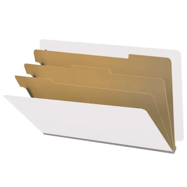White legal size end tab classification folder with 3" gray tyvek expansion, with 2" bonded fasteners on inside front and inside back and 1" duo fastener on dividers, 18 pt paper stock and 18 pt manila dividers, Packaged 10/50