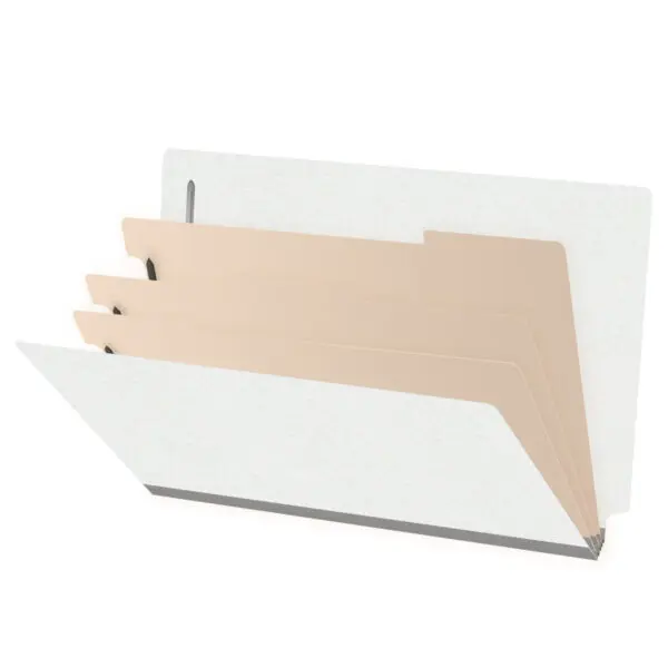 White legal size end tab classification folder with 3" gray tyvek expansion, with 2" bonded fasteners on inside front and inside back and 1" duo fastener on dividers, 18 pt paper stock and 18 pt manila dividers, Packaged 10/50