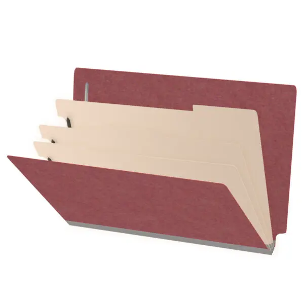 Dark red legal size end tab three divider classification folder with 3" russet brown tyvek expansion, with 2" bonded fasteners on inside front and inside back and 1" duo fastener on dividers, 25 pt type 3 pressboard stock covers and 18 pt manila dividers, Packaged 10/50