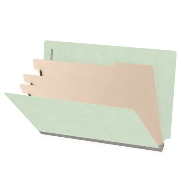 Pale green legal size end tab three divider classification folder with 3" gray tyvek expansion, with 2" bonded fasteners on inside front and inside back and 1" duo fastener on dividers, 25 pt type 3 pressboard stock covers and 18 pt manila dividers, Packaged 10/50