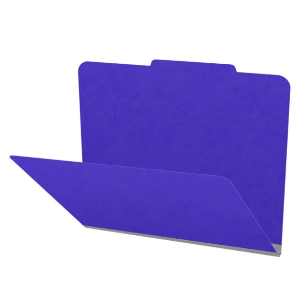 Purple letter size top tab classification folder with 2" gray tyvek expansion. 18 pt. paper stock. Packaged 25/125.