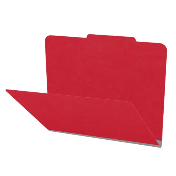 Red letter size top tab classification folder with 2" gray tyvek expansion. 18 pt. paper stock. Packaged 25/125.