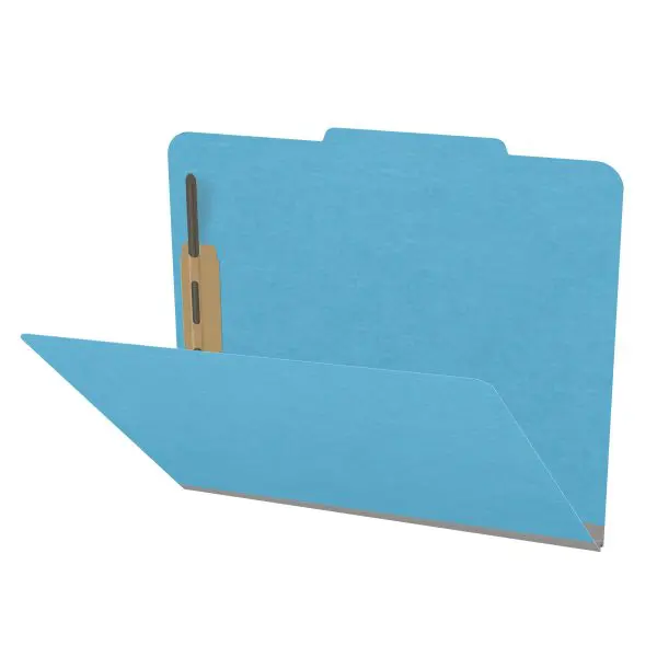 Blue letter size top tab classification folder with 2" gray tyvek expansion and 2" bonded fasteners on inside front and inside back. 18 pt. paper stock. Packaged 25/125.