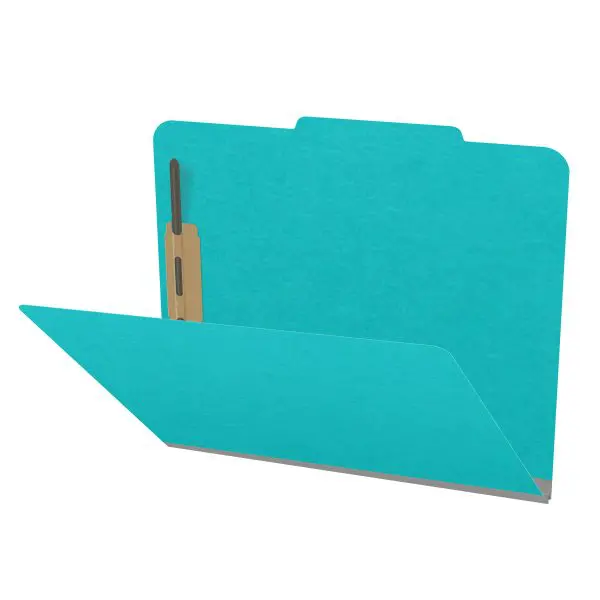 Light blue letter size top tab classification folder with 2" gray tyvek expansion and 2" bonded fasteners on inside front and inside back. 18 pt. paper stock. Packaged 25/125.