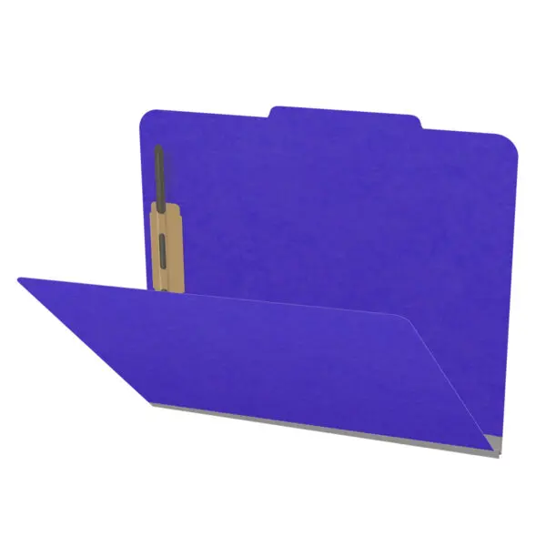 Purple letter size top tab classification folder with 2" gray tyvek expansion and 2" bonded fasteners on inside front and inside back. 18 pt. paper stock. Packaged 25/125.