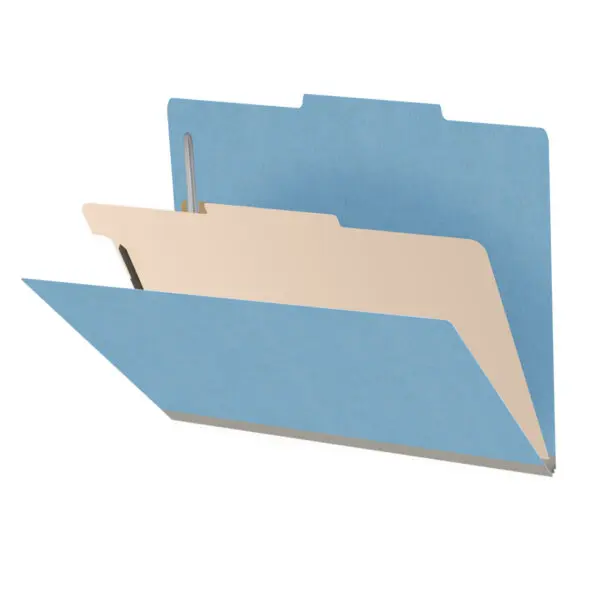 Blue letter size top tab classification folder with 2" gray tyvek expansion, with 2" bonded fasteners on inside front and inside back and 1" duo fastener on divider, 18 pt paper stock and 18 pt manila divider, Packaged 10/50
