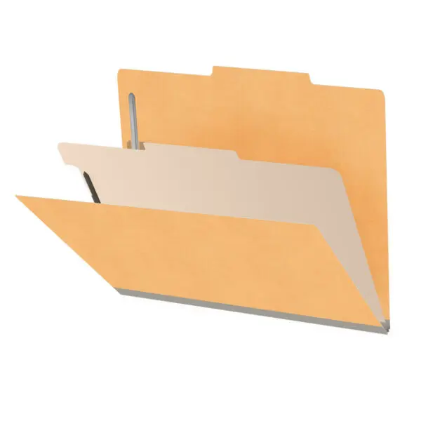 Gold letter size top tab classification folder with 2" gray tyvek expansion, with 2" bonded fasteners on inside front and inside back and 1" duo fastener on divider, 18 pt paper stock and 18 pt manila divider, Packaged 10/50