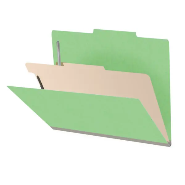 Green letter size top tab classification folder with 2" gray tyvek expansion, with 2" bonded fasteners on inside front and inside back and 1" duo fastener on divider, 18 pt paper stock and 18 pt manila divider, Packaged 10/50