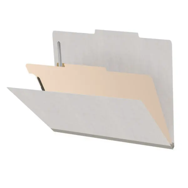 Grey letter size top tab classification folder with 2" gray tyvek expansion, with 2" bonded fasteners on inside front and inside back and 1" duo fastener on divider, 18 pt paper stock and 18 pt manila divider, Packaged 10/50