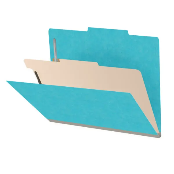 Light blue letter size top tab classification folder with 2" gray tyvek expansion, with 2" bonded fasteners on inside front and inside back and 1" duo fastener on divider, 18 pt paper stock and 18 pt manila divider, Packaged 10/50