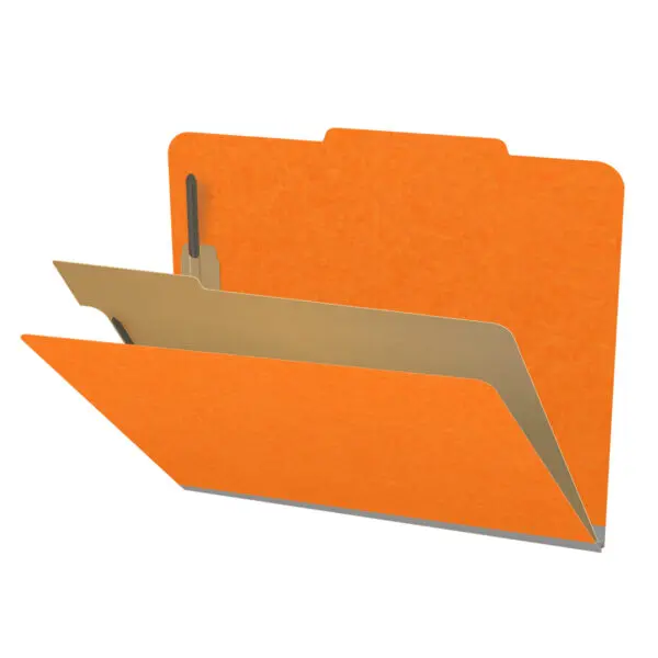 Orange letter size top tab classification folder with 2" gray tyvek expansion, with 2" bonded fasteners on inside front and inside back and 1" duo fastener on divider, 18 pt paper stock and 18 pt manila divider, Packaged 10/50