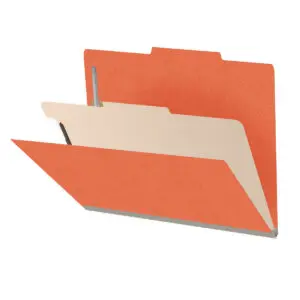 Orange letter size top tab classification folder with 2" gray tyvek expansion, with 2" bonded fasteners on inside front and inside back and 1" duo fastener on divider, 18 pt paper stock and 18 pt manila divider, Packaged 10/50