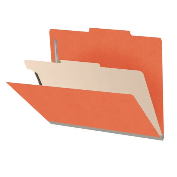 Orange letter size top tab classification folder with 2" gray tyvek expansion, with 2" bonded fasteners on inside front and inside back and 1" duo fastener on divider, 18 pt paper stock and 18 pt manila divider, Packaged 10/50