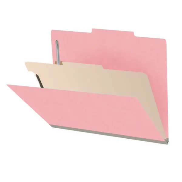 Pink letter size top tab classification folder with 2" gray tyvek expansion, with 2" bonded fasteners on inside front and inside back and 1" duo fastener on divider, 18 pt paper stock and 18 pt manila divider, Packaged 10/50