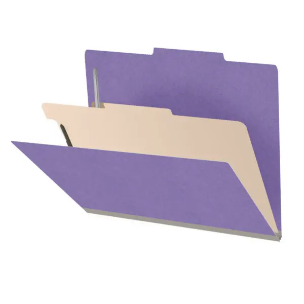 Purple letter size top tab classification folder with 2" gray tyvek expansion, with 2" bonded fasteners on inside front and inside back and 1" duo fastener on divider, 18 pt paper stock and 18 pt manila divider, Packaged 10/50