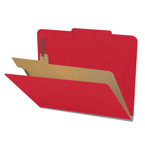 Red letter size top tab classification folder with 2" gray tyvek expansion, with 2" bonded fasteners on inside front and inside back and 1" duo fastener on divider, 18 pt paper stock and 18 pt manila divider, Packaged 10/50