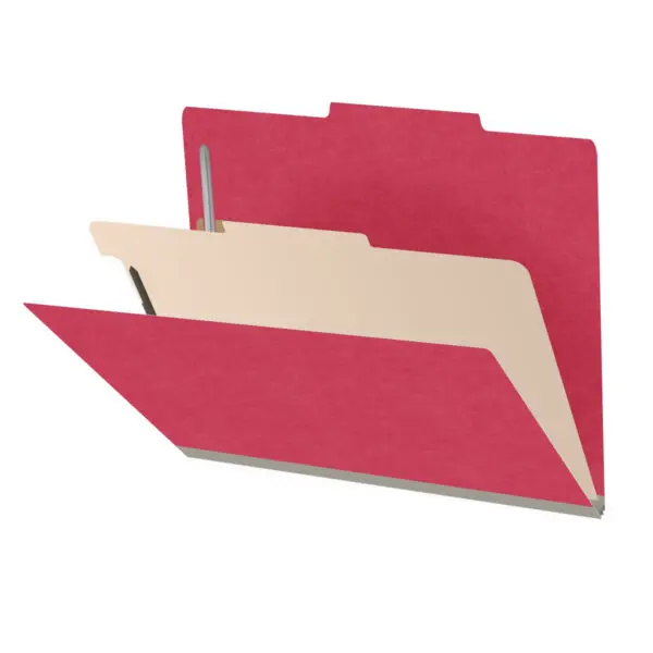 Red letter size top tab classification folder with 2" gray tyvek expansion, with 2" bonded fasteners on inside front and inside back and 1" duo fastener on divider, 18 pt paper stock and 18 pt manila divider, Packaged 10/50