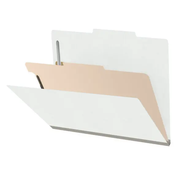 White letter size top tab classification folder with 2" gray tyvek expansion, with 2" bonded fasteners on inside front and inside back and 1" duo fastener on divider, 18 pt paper stock and 18 pt manila divider, Packaged 10/50