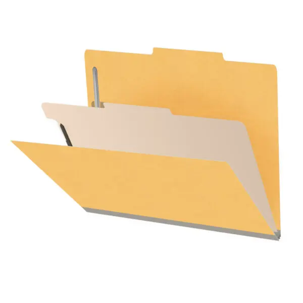 Yellow letter size top tab classification folder with 2" gray tyvek expansion, with 2" bonded fasteners on inside front and inside back and 1" duo fastener on divider, 18 pt paper stock and 18 pt manila divider, Packaged 10/50