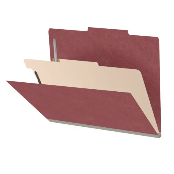 Dark red letter size top tab one divider classification folder with 2" russet brown tyvek expansion, with 2" bonded fasteners on inside front and inside back and 1" duo fastener on divider, 25 pt type 3 pressboard stock covers and 18 pt manila divider, Packaged 10/50