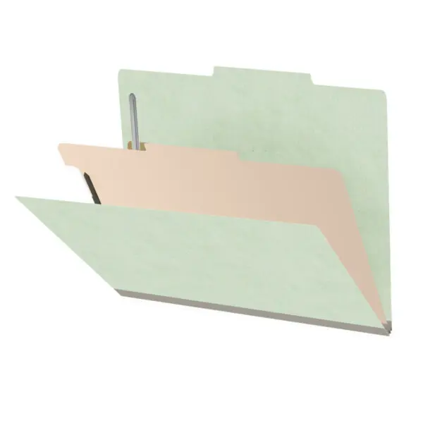 Pale green letter size top tab one divider classification folder with 2" gray tyvek expansion, with 2" bonded fasteners on inside front and inside back and 1" duo fastener on divider, 25 pt type 3 pressboard stock covers and 18 pt manila divider, Packaged 10/50