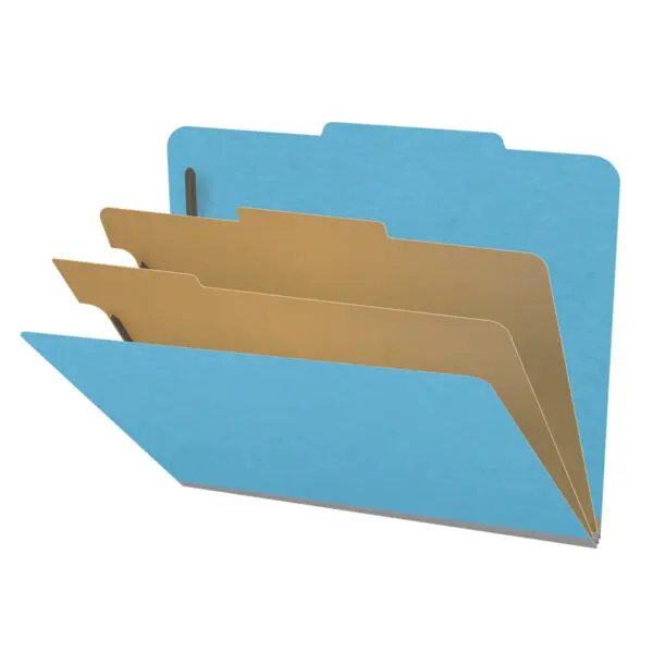 Blue letter size top tab classification folder with 2" gray tyvek expansion, with 2" bonded fasteners on inside front and inside back and 1" duo fastener on dividers, 18 pt paper stock and 18 pt manila dividers, Packaged 10/50