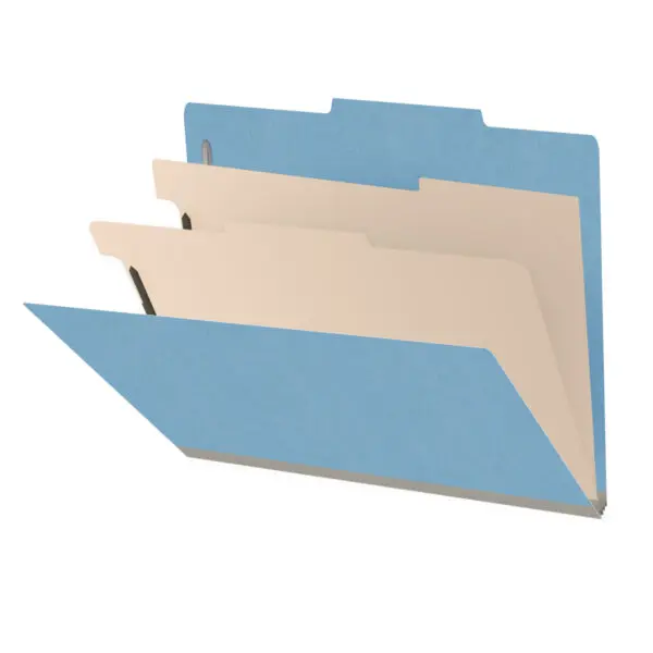 Blue letter size top tab classification folder with 2" gray tyvek expansion, with 2" bonded fasteners on inside front and inside back and 1" duo fastener on dividers, 18 pt paper stock and 18 pt manila dividers, Packaged 10/50
