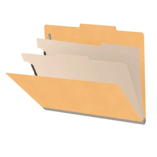 Gold letter size top tab classification folder with 2" gray tyvek expansion, with 2" bonded fasteners on inside front and inside back and 1" duo fastener on dividers, 18 pt paper stock and 18 pt manila dividers, Packaged 10/50