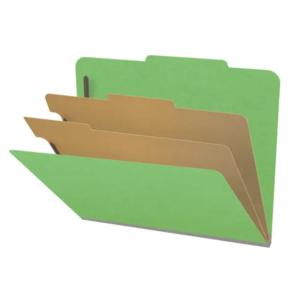 Green letter size top tab classification folder with 2" gray tyvek expansion, with 2" bonded fasteners on inside front and inside back and 1" duo fastener on dividers, 18 pt paper stock and 18 pt manila dividers, Packaged 10/50