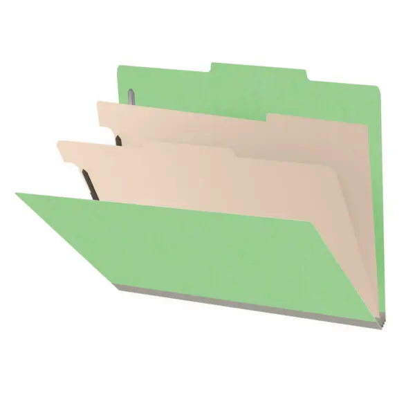 Green letter size top tab classification folder with 2" gray tyvek expansion, with 2" bonded fasteners on inside front and inside back and 1" duo fastener on dividers, 18 pt paper stock and 18 pt manila dividers, Packaged 10/50