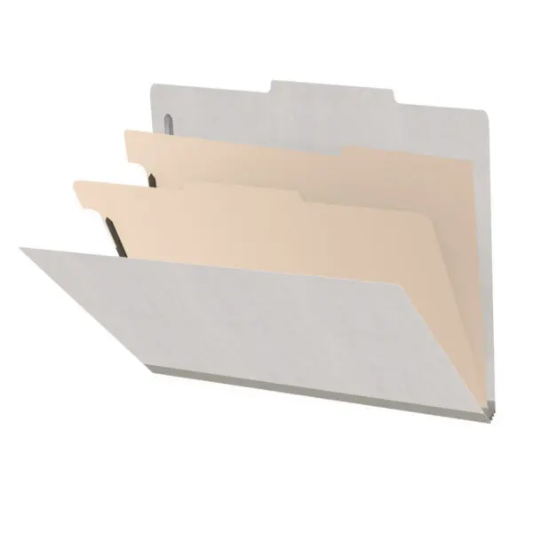 Grey letter size top tab classification folder with 2" gray tyvek expansion, with 2" bonded fasteners on inside front and inside back and 1" duo fastener on dividers, 18 pt paper stock and 18 pt manila dividers, Packaged 10/50
