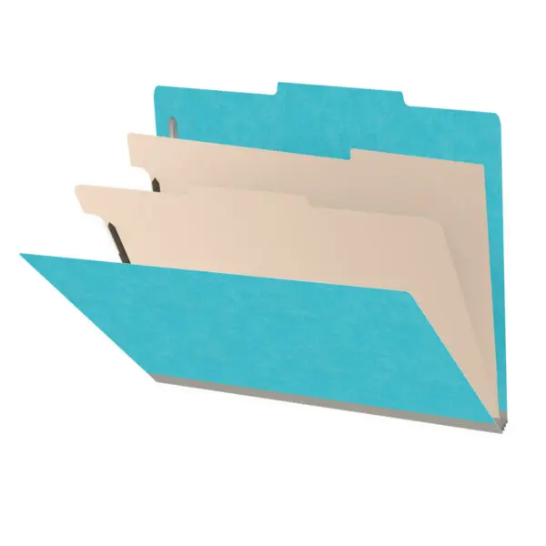 Light blue letter size top tab classification folder with 2" gray tyvek expansion, with 2" bonded fasteners on inside front and inside back and 1" duo fastener on dividers, 18 pt paper stock and 18 pt manila dividers, Packaged 10/50