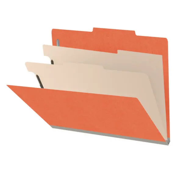 Orange letter size top tab classification folder with 2" gray tyvek expansion, with 2" bonded fasteners on inside front and inside back and 1" duo fastener on dividers, 18 pt paper stock and 18 pt manila dividers, Packaged 10/50