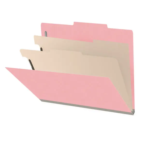 Pink letter size top tab classification folder with 2" gray tyvek expansion, with 2" bonded fasteners on inside front and inside back and 1" duo fastener on dividers, 18 pt paper stock and 18 pt manila dividers, Packaged 10/50