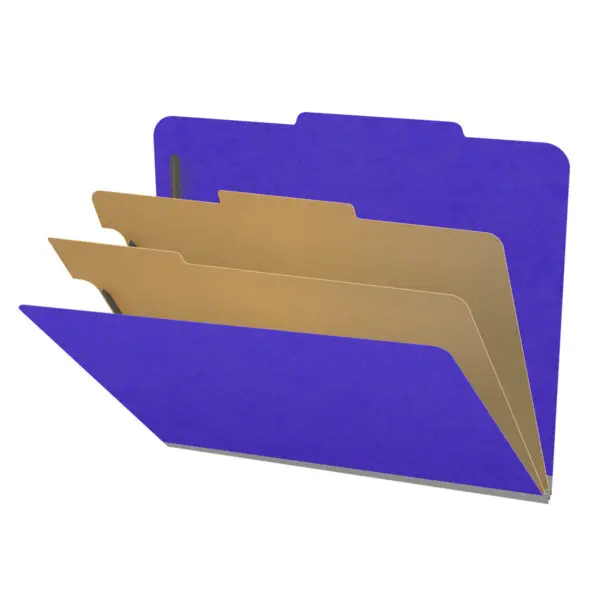Purple letter size top tab classification folder with 2" gray tyvek expansion, with 2" bonded fasteners on inside front and inside back and 1" duo fastener on dividers, 18 pt paper stock and 18 pt manila dividers, Packaged 10/50