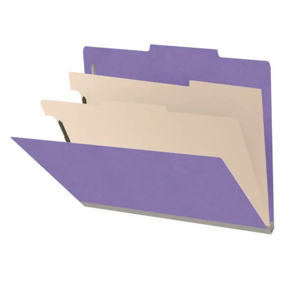 Purple letter size top tab classification folder with 2" gray tyvek expansion, with 2" bonded fasteners on inside front and inside back and 1" duo fastener on dividers, 18 pt paper stock and 18 pt manila dividers, Packaged 10/50