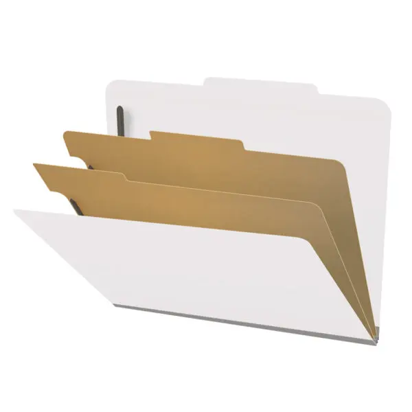 White letter size top tab classification folder with 2" gray tyvek expansion, with 2" bonded fasteners on inside front and inside back and 1" duo fastener on dividers, 18 pt paper stock and 18 pt manila dividers, Packaged 10/50