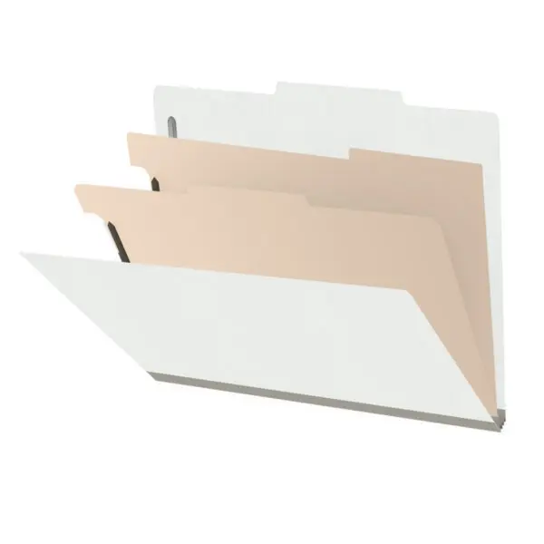 White letter size top tab classification folder with 2" gray tyvek expansion, with 2" bonded fasteners on inside front and inside back and 1" duo fastener on dividers, 18 pt paper stock and 18 pt manila dividers, Packaged 10/50