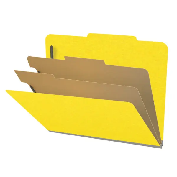 Yellow letter size top tab classification folder with 2" gray tyvek expansion, with 2" bonded fasteners on inside front and inside back and 1" duo fastener on dividers, 18 pt paper stock and 18 pt manila dividers, Packaged 10/50