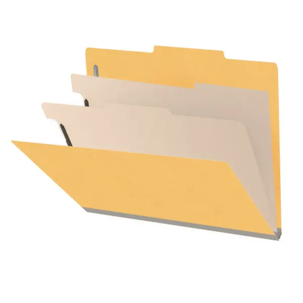 Yellow letter size top tab classification folder with 2" gray tyvek expansion, with 2" bonded fasteners on inside front and inside back and 1" duo fastener on dividers, 18 pt paper stock and 18 pt manila dividers, Packaged 10/50