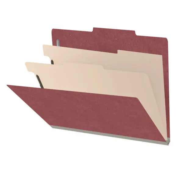Dark red letter size top tab two divider classification folder with 2" russet brown tyvek expansion, with 2" bonded fasteners on inside front and inside back and 1" duo fastener on dividers, 25 pt type 3 pressboard stock covers and 18 pt manila dividers, Packaged 10/50