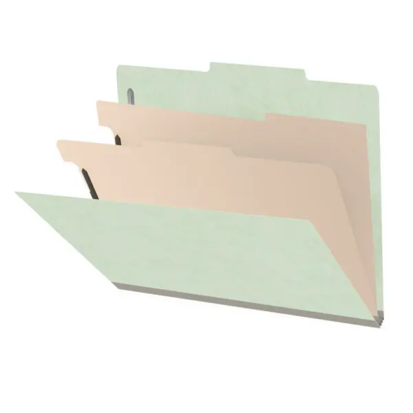 Pale green letter size top tab two divider classification folder with 2" gray tyvek expansion, with 2" bonded fasteners on inside front and inside back and 1" duo fastener on dividers, 25 pt type 3 pressboard stock covers and 18 pt manila dividers, Packaged 10/50