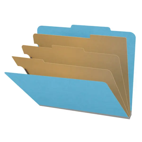 Blue letter size top tab classification folder with 3" gray tyvek expansion, with 2" bonded fasteners on inside front and inside back and 1" duo fastener on dividers, 18 pt paper stock and 18 pt manila dividers, Packaged 10/50