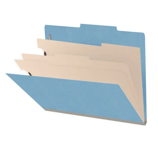 Blue letter size top tab classification folder with 3" gray tyvek expansion, with 2" bonded fasteners on inside front and inside back and 1" duo fastener on dividers, 18 pt paper stock and 18 pt manila dividers, Packaged 10/50